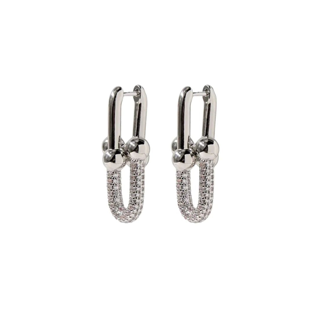 Pave U Link Silver Hoops