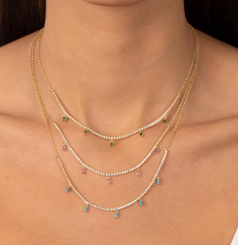 Green Dangling Baguette Tennis Necklace