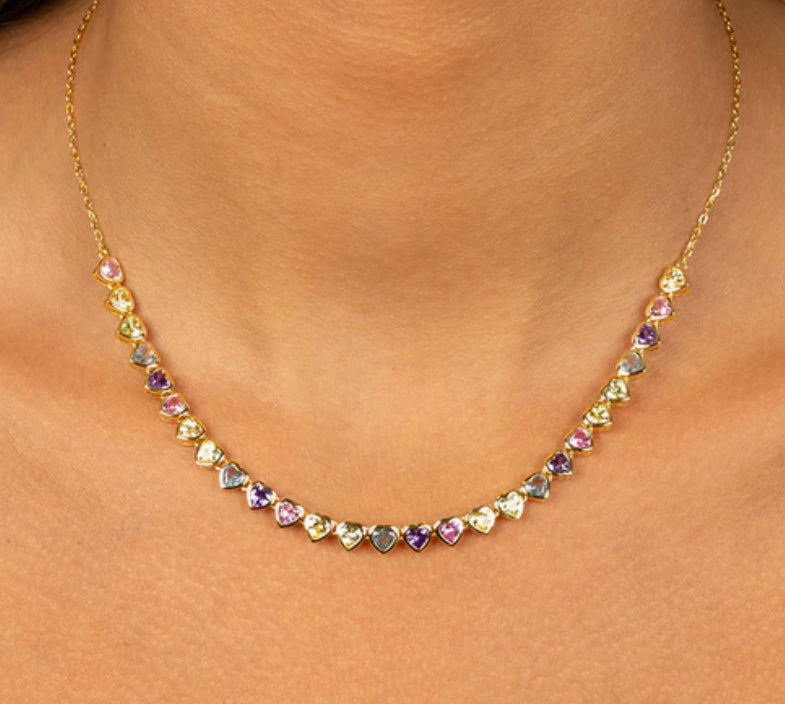 Colored Bezel Hearts Tennis Necklace