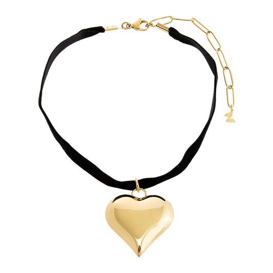 Puffy Heart Necklace Black Velvet Choker