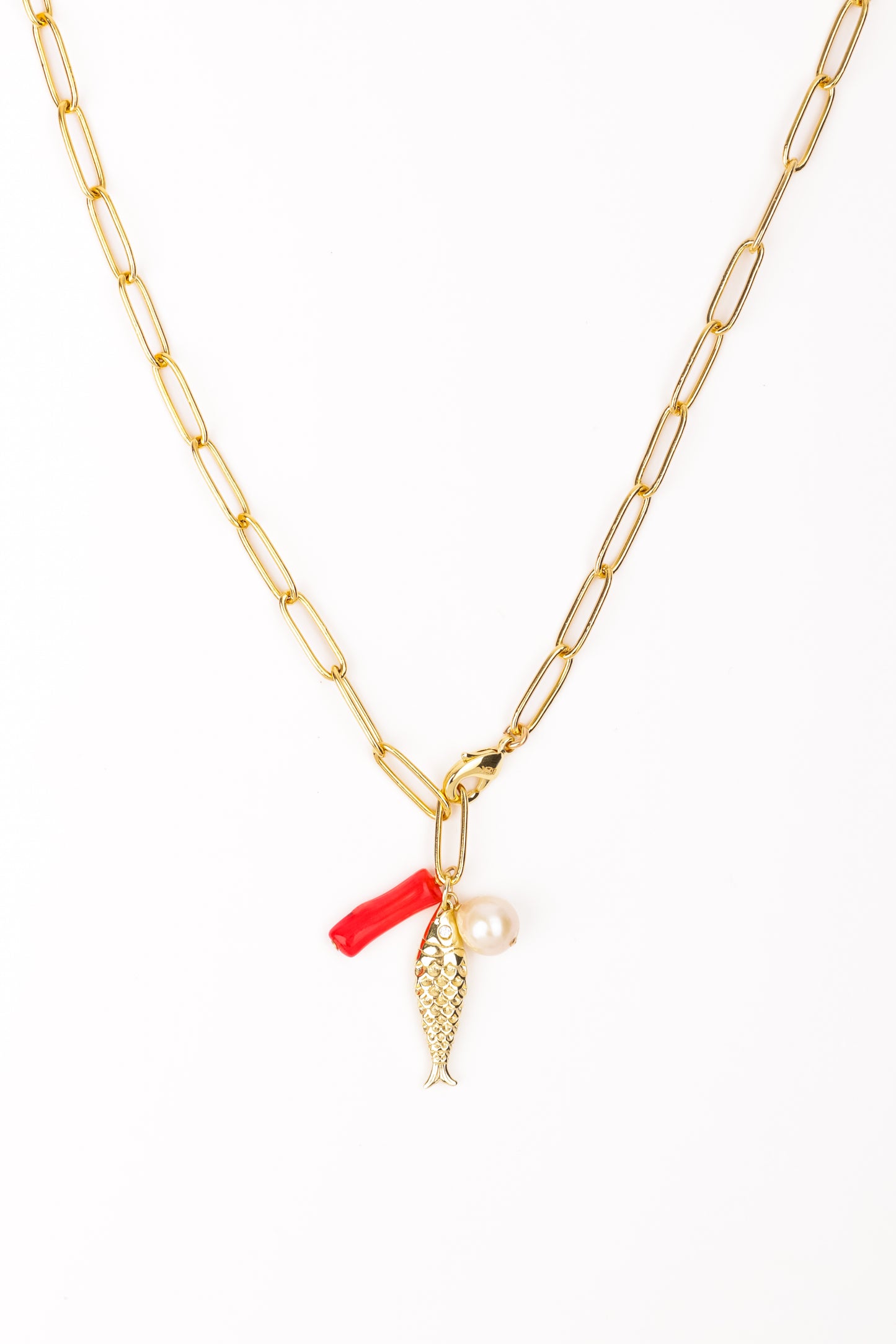 Fish and pearl long necklace