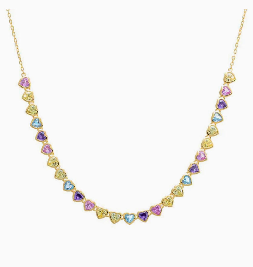 Colored Bezel Hearts Tennis Necklace