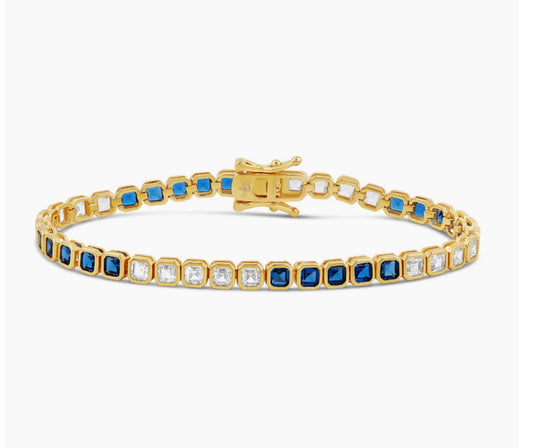 BLUE COLOR BEZEL SQUARE TENNIS BRACELET