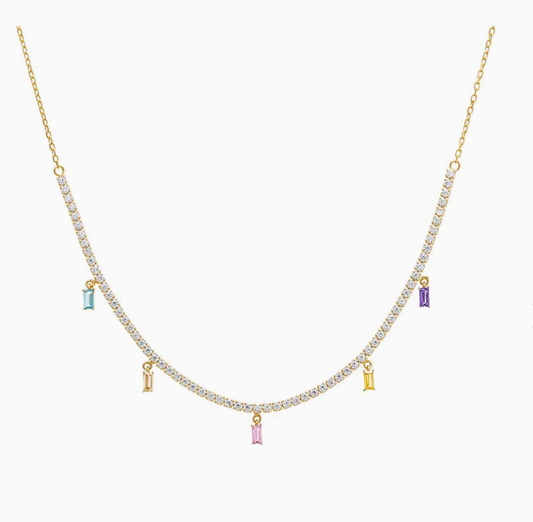 PASTEL DANGLING BAGUETTES TENNIS NECKLACE