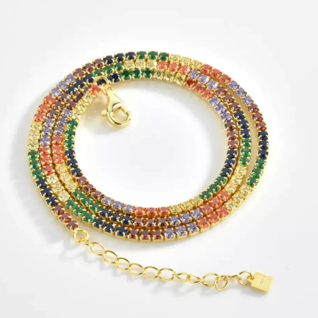 SKINNY RAINBOW GOLD TENNIS NECKLACE